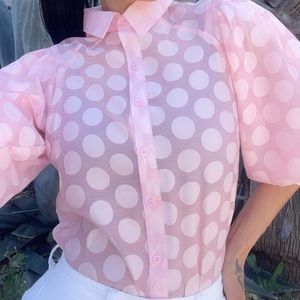 Pink Polka Dot Blouse w Balloon Half Sleeves